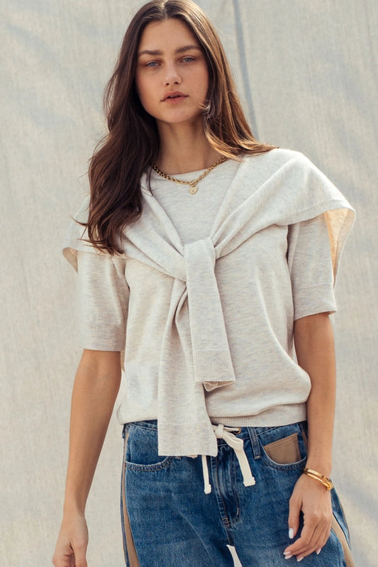 Faux Layered Tie-Front Knit Top