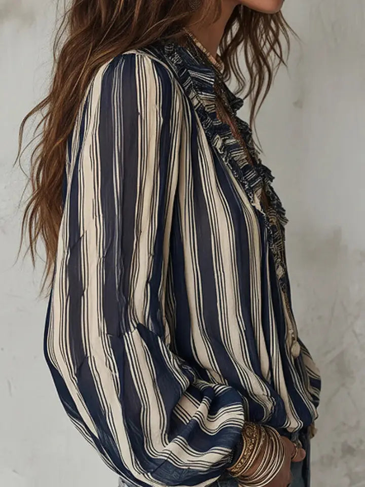 Ruffled Striped Long Sleeve Blouse
