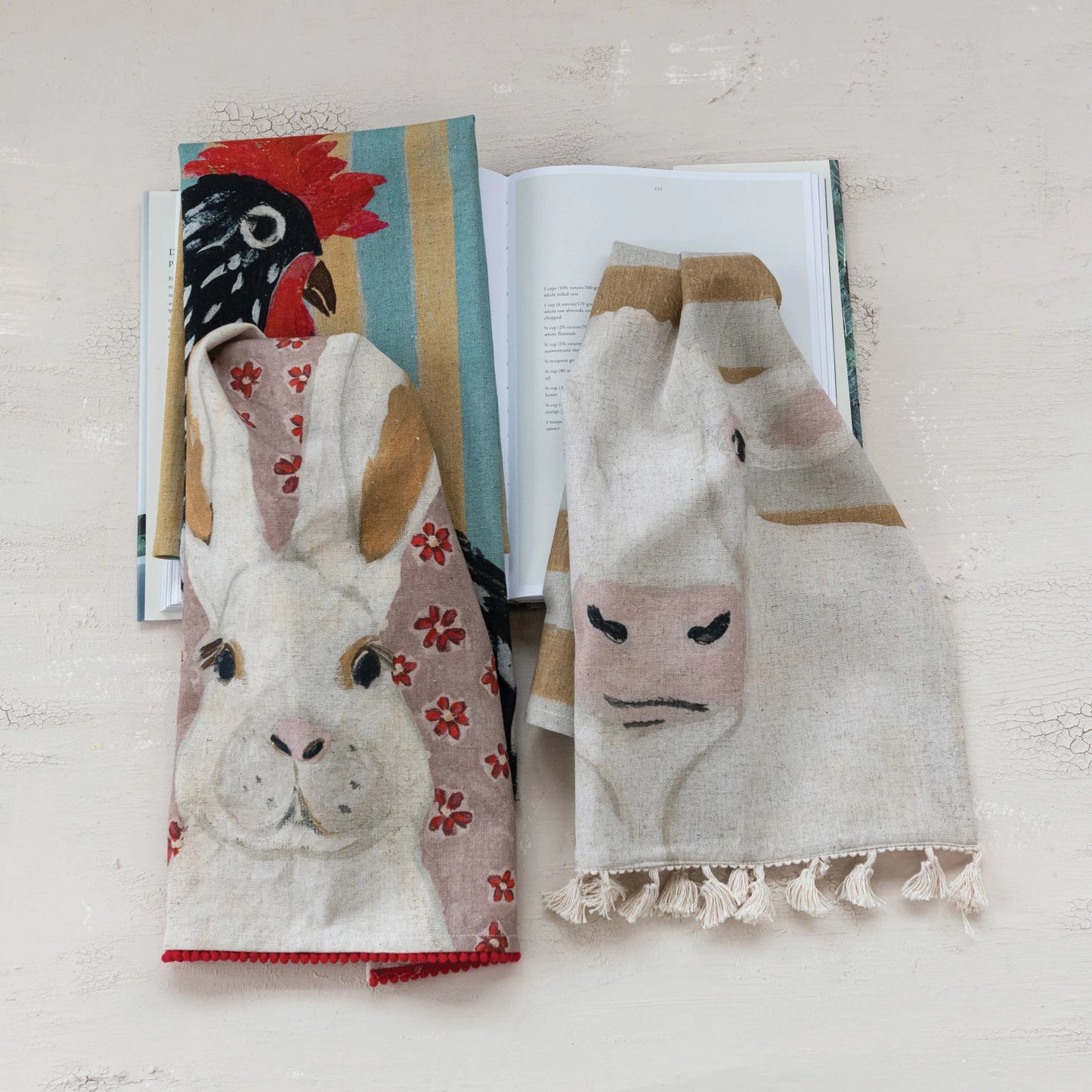 Cotton & Linen Printed Tea Towel with Pom Poms/Tassels