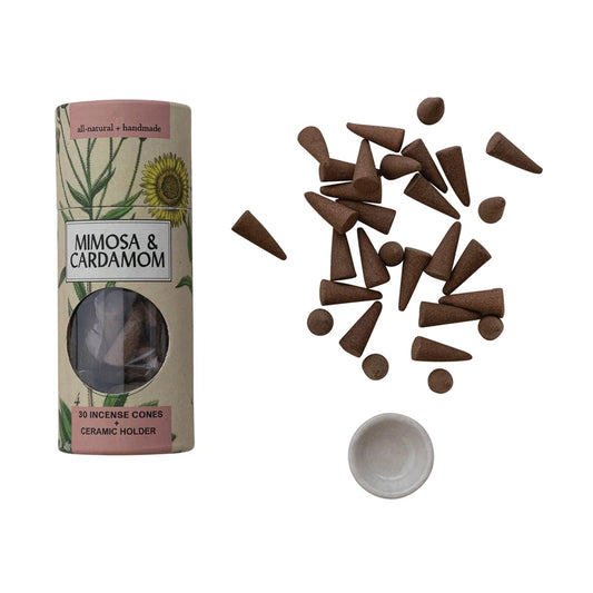 Mimosa & Cardamom Scented Incense Cones with Ceramic Incense Holder