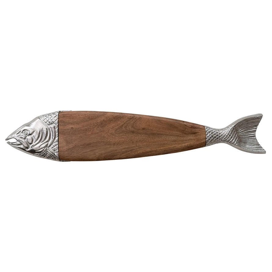 Acacia Wood & Cast Aluminum Fish Shaped Serving Board