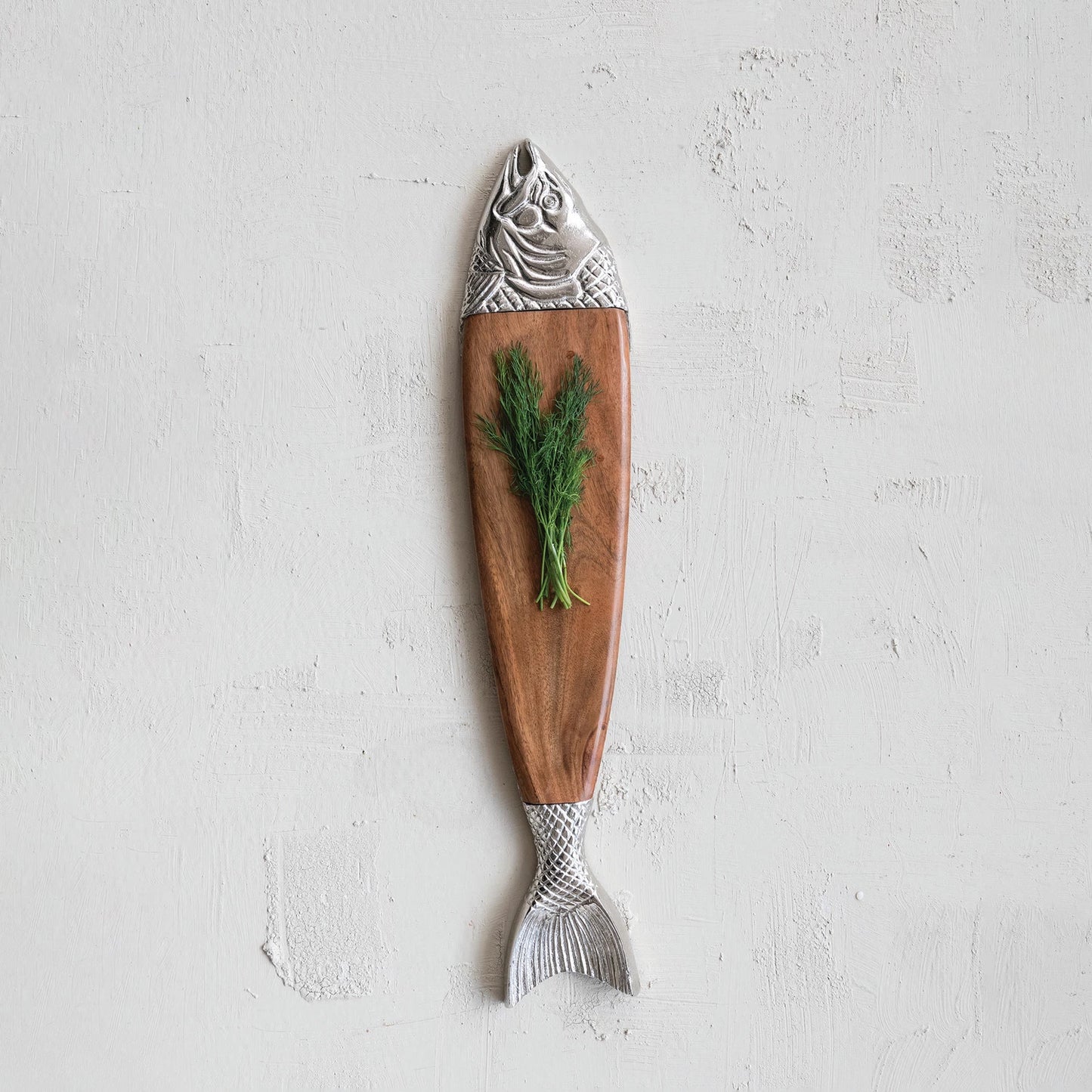Acacia Wood & Cast Aluminum Fish Shaped Serving Board