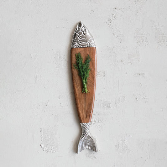 Acacia Wood & Cast Aluminum Fish Shaped Serving Board