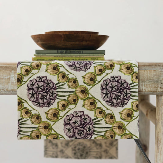 Cotton & Linen Two-Sided Table Runner with Botanical Pattern
