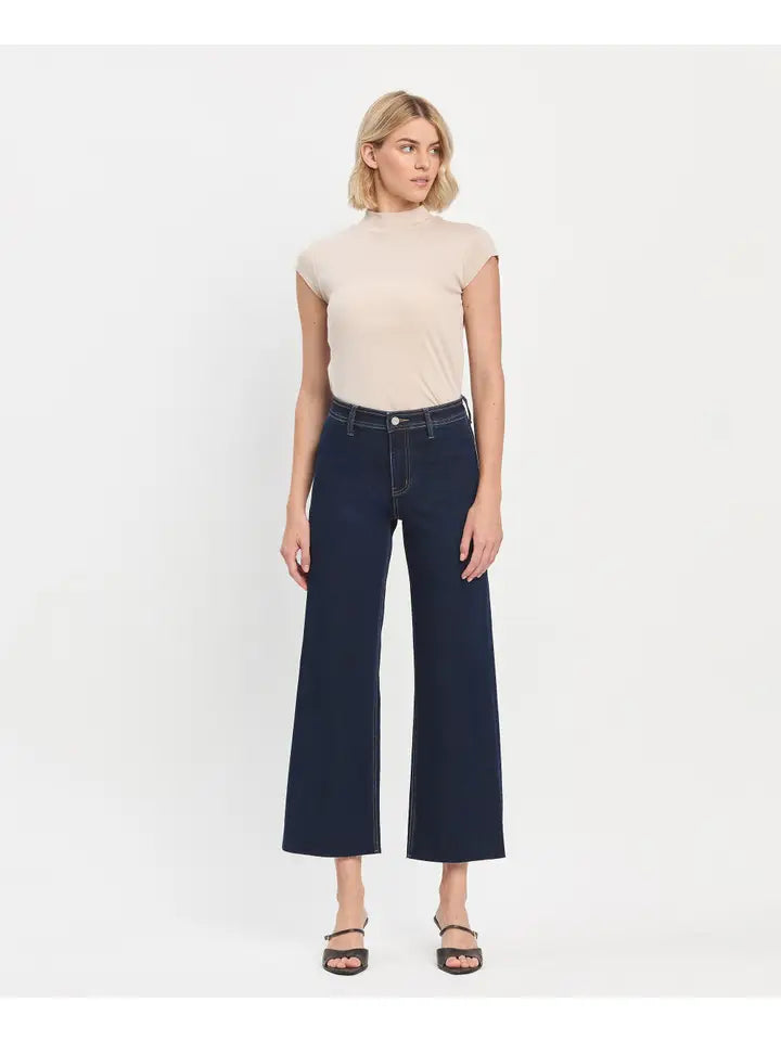 VERVET High Rise Clean Cut Raw Hem Ankle Wide Jeans
