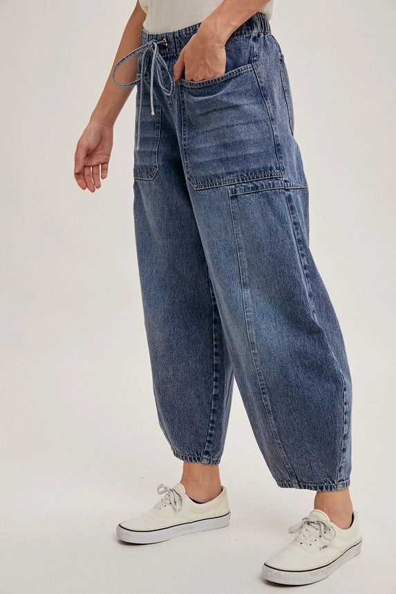 Denim Mid-Waist Drawstrings Barrel Jeans