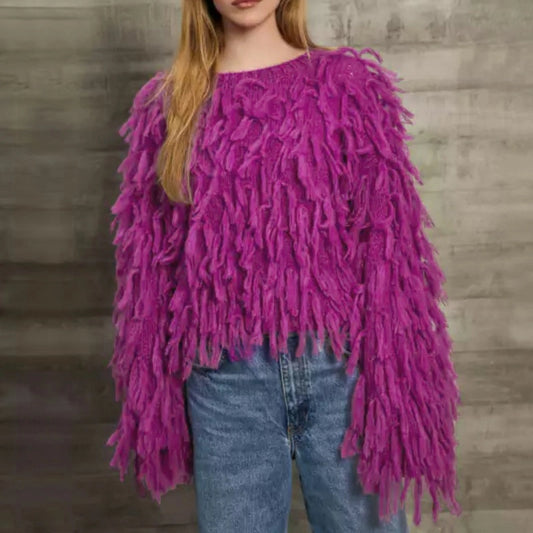 Textured Fringe Knit Sweater