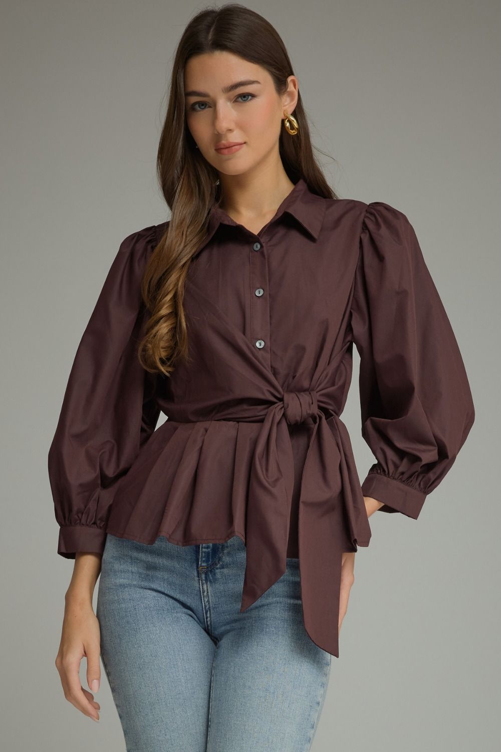 Mocha Peplum Tie Blouse