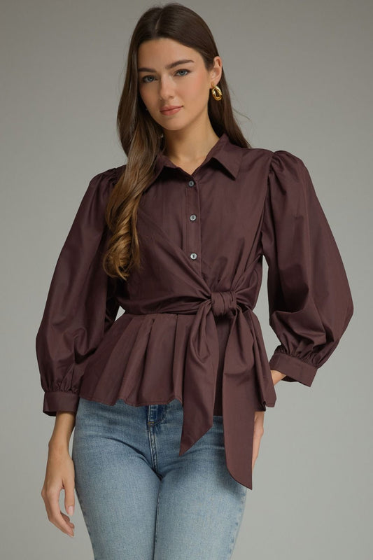 Mocha Peplum Tie Blouse