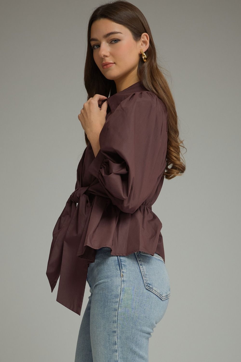 Mocha Peplum Tie Blouse