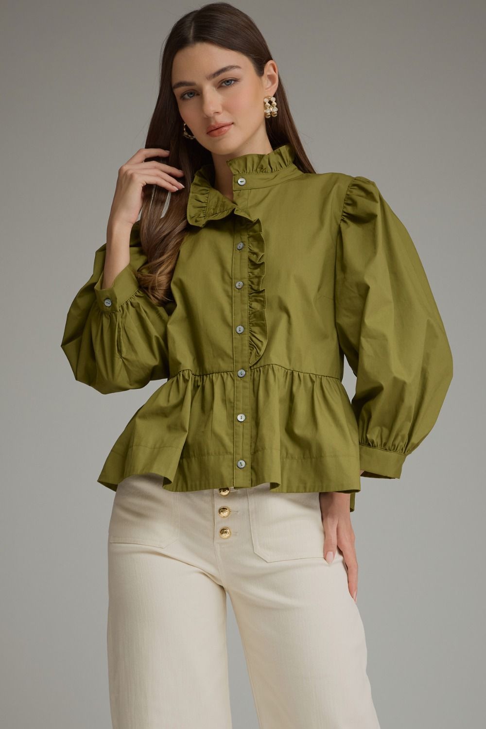 Olive Ruffle Peplum Blouse