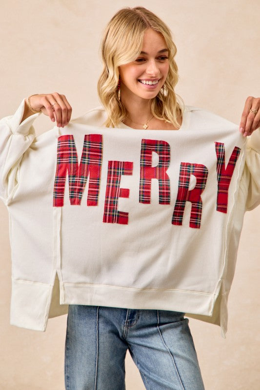 Christmas Plaid Merry Lettering Fleece Sweatshirt