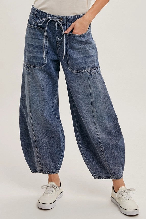 Denim Mid-Waist Drawstrings Barrel Jeans