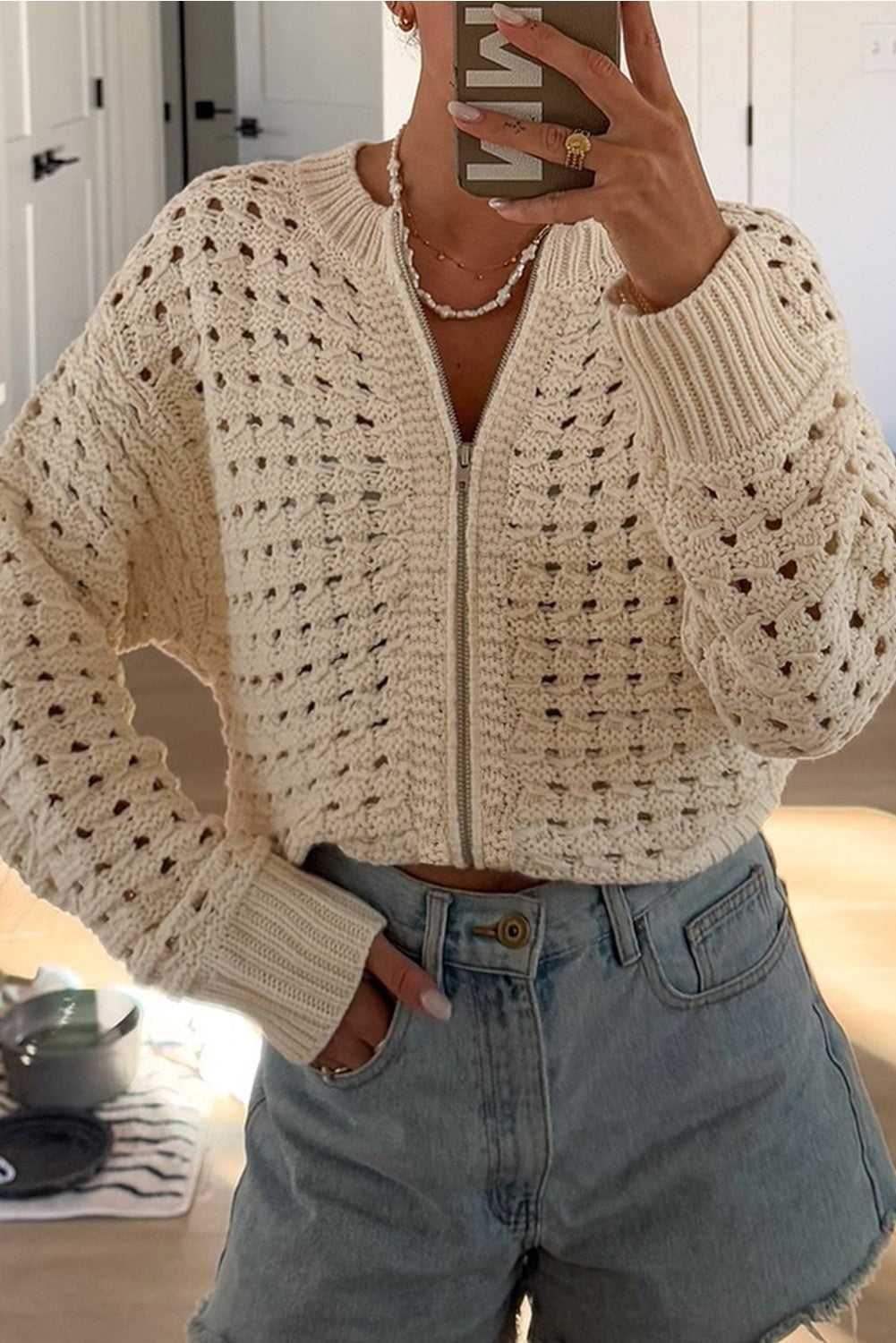 Hollowed Pattern Knit Zip Up Sweater Cardigan