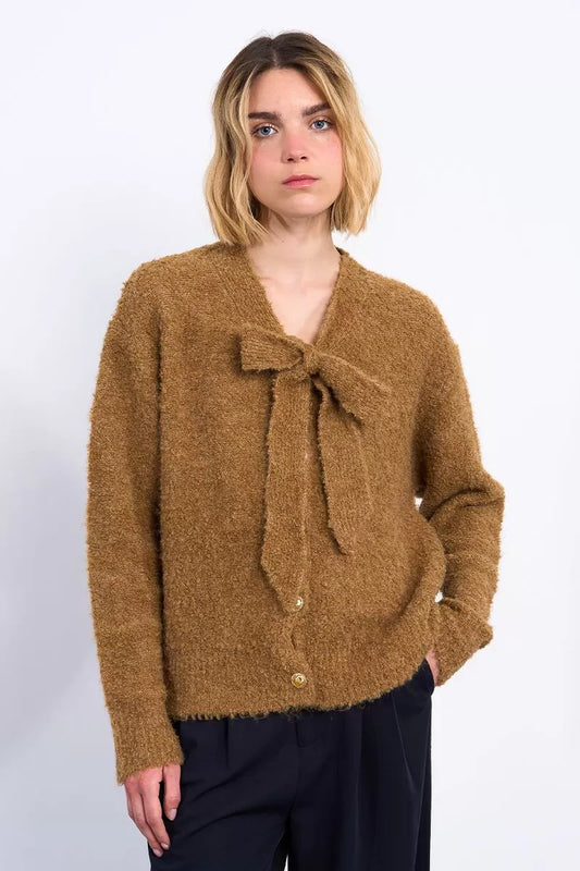 Molly Caramel Fuzzy Cardigan with Bow Tie Detail