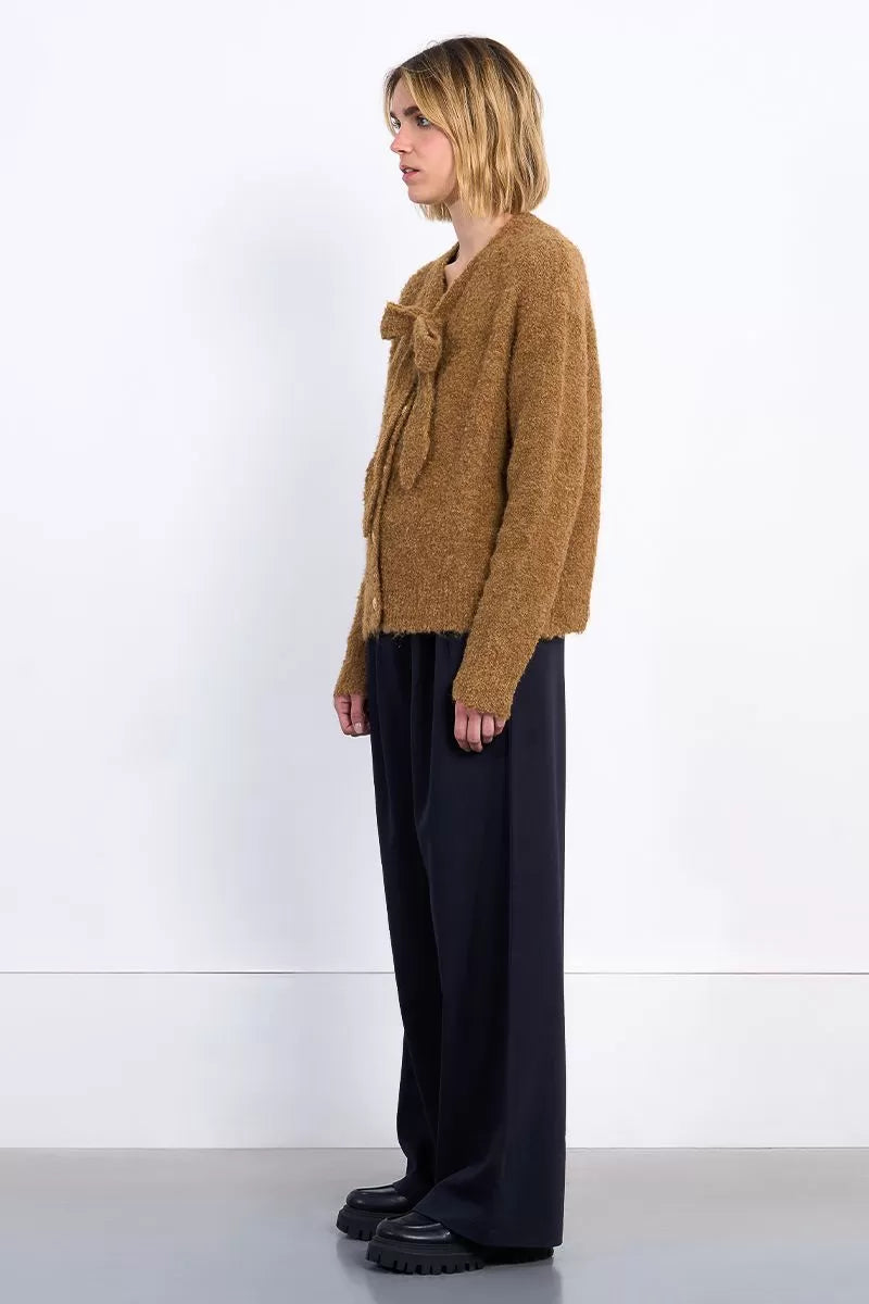 Molly Caramel Fuzzy Cardigan with Bow Tie Detail