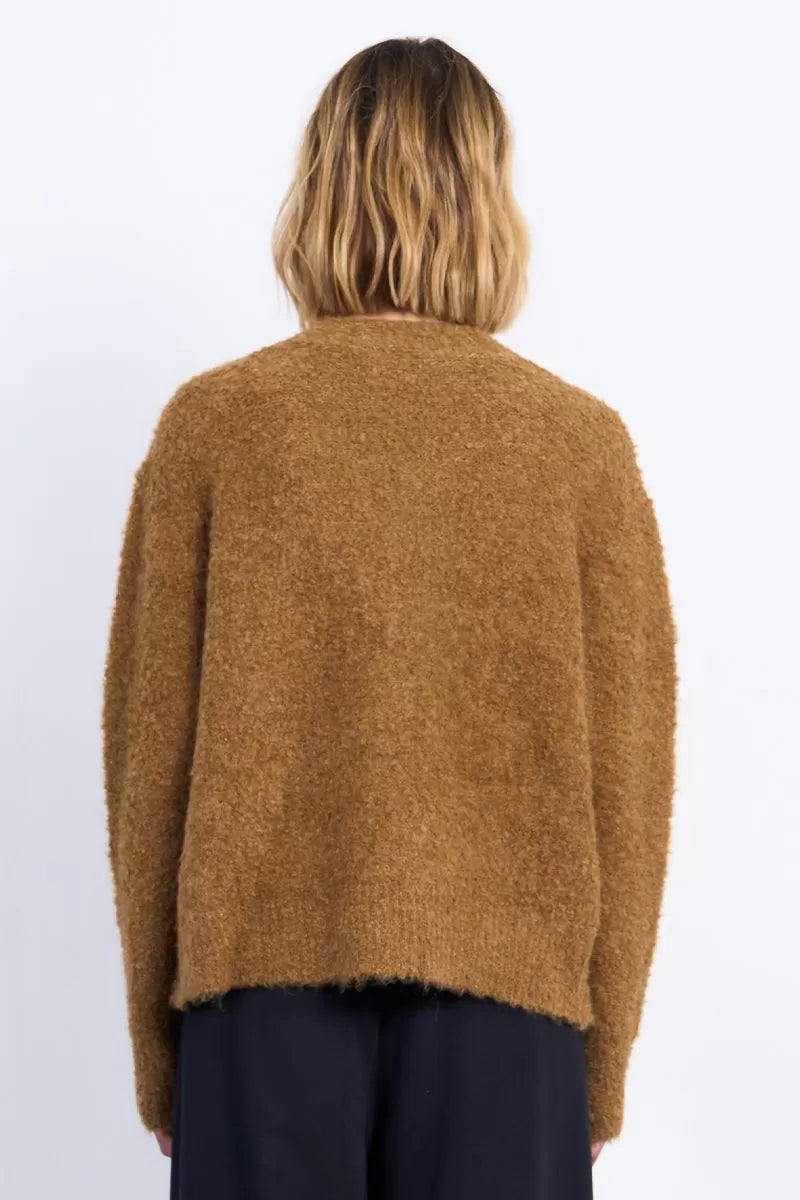 Molly Caramel Fuzzy Cardigan with Bow Tie Detail