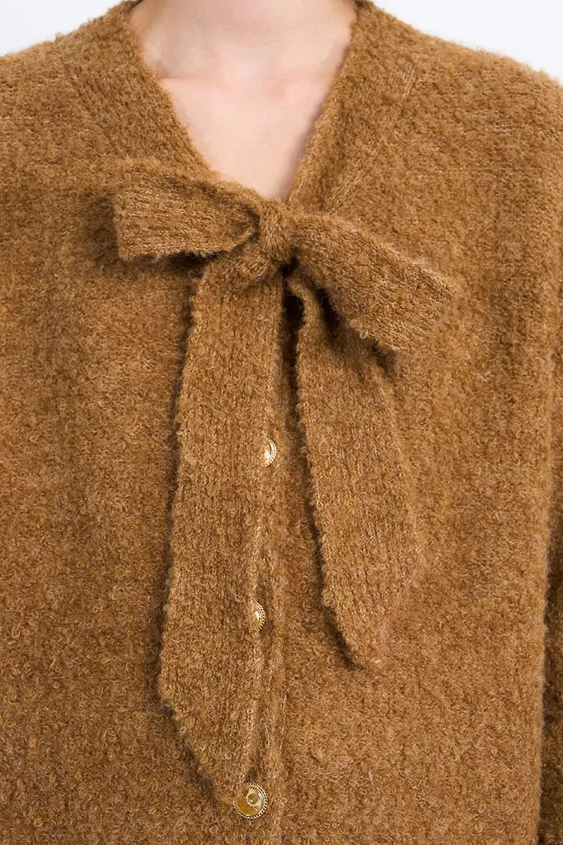 Molly Caramel Fuzzy Cardigan with Bow Tie Detail