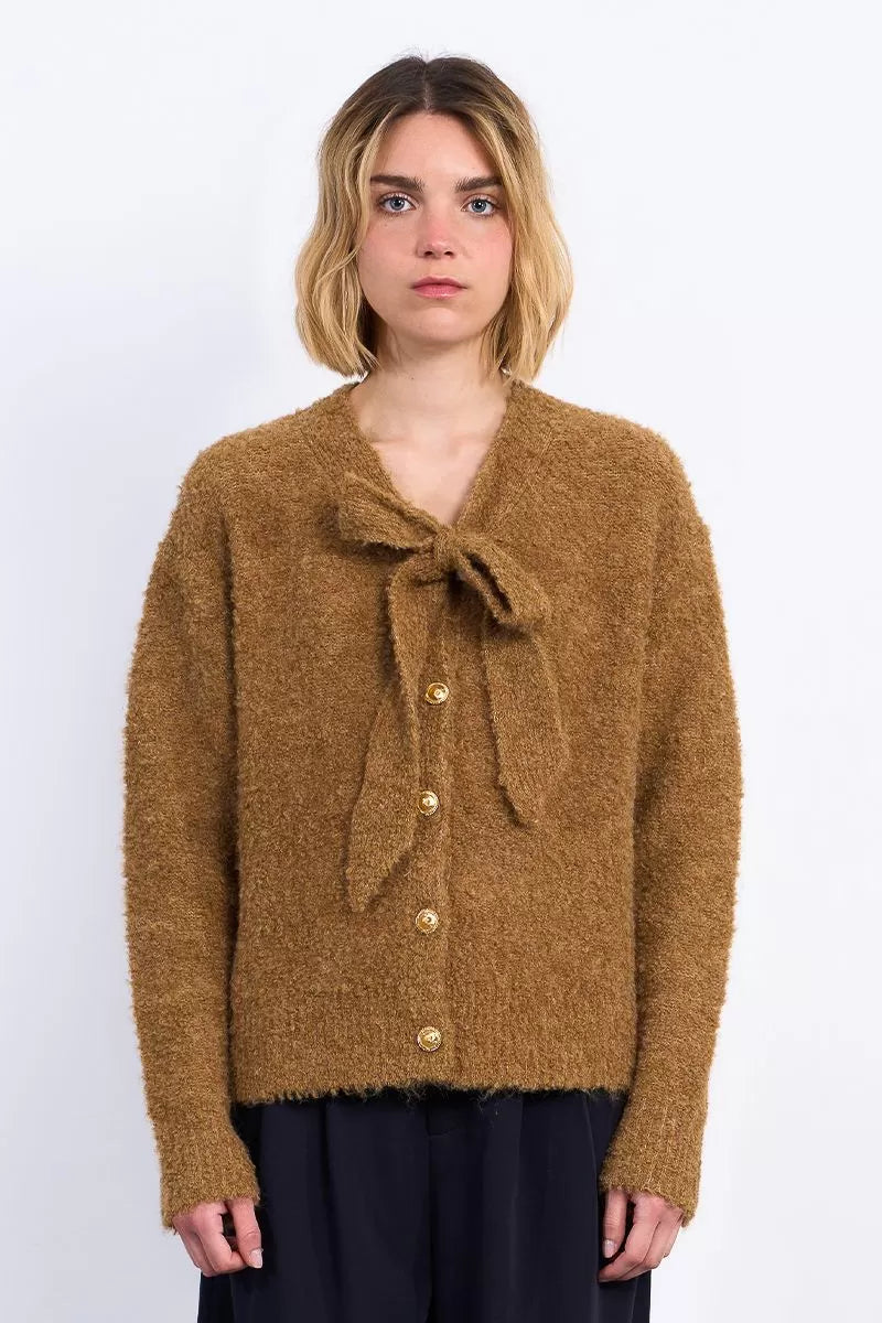 Molly Caramel Fuzzy Cardigan with Bow Tie Detail