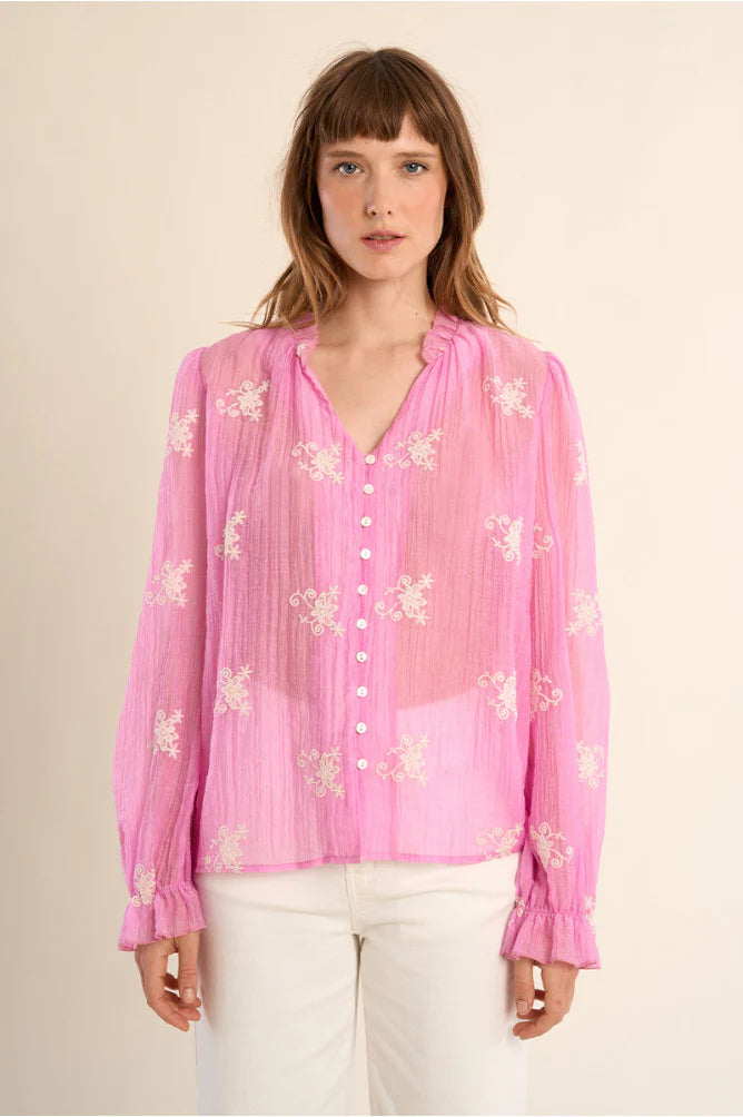 Button Detail Embroidered Blouse