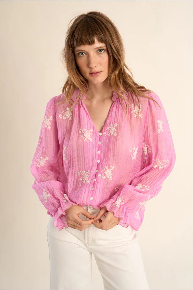 Button Detail Embroidered Blouse