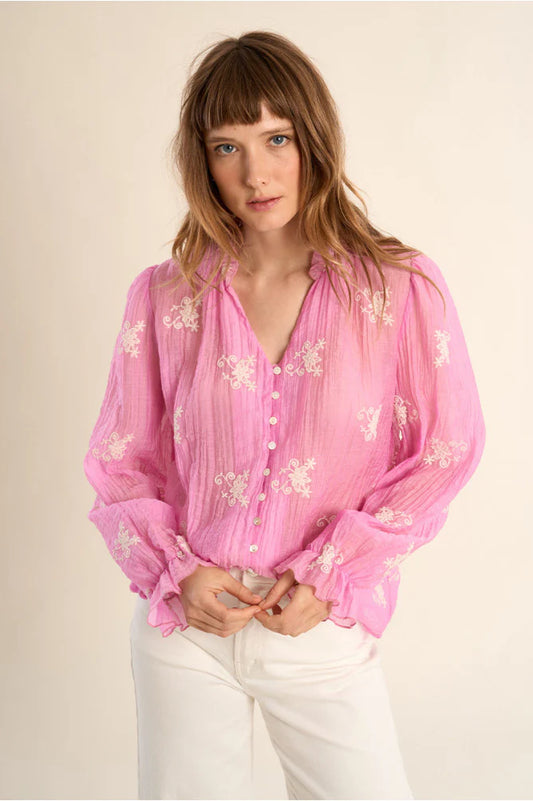 Button Detail Embroidered Blouse