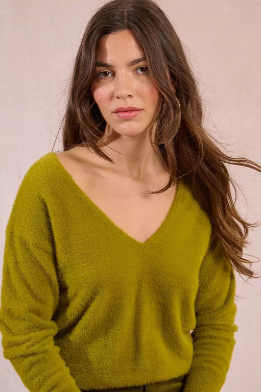 Chartreuse V-Neck Cozy Sweater