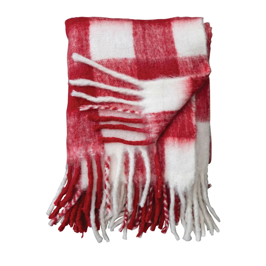50"W Woven Acrylic Throw w Fringe, Plaid