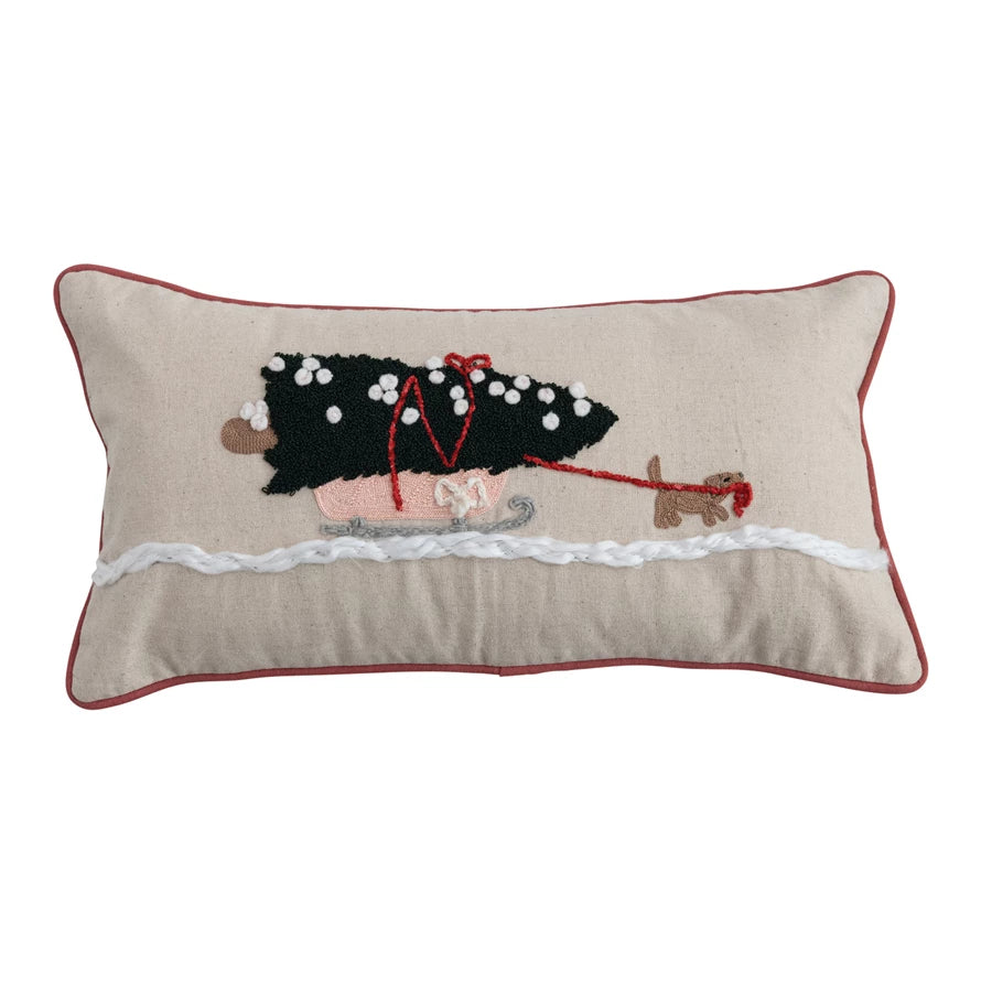 Lumbar Pillow with Embroidery Dog Pulling Sleigh